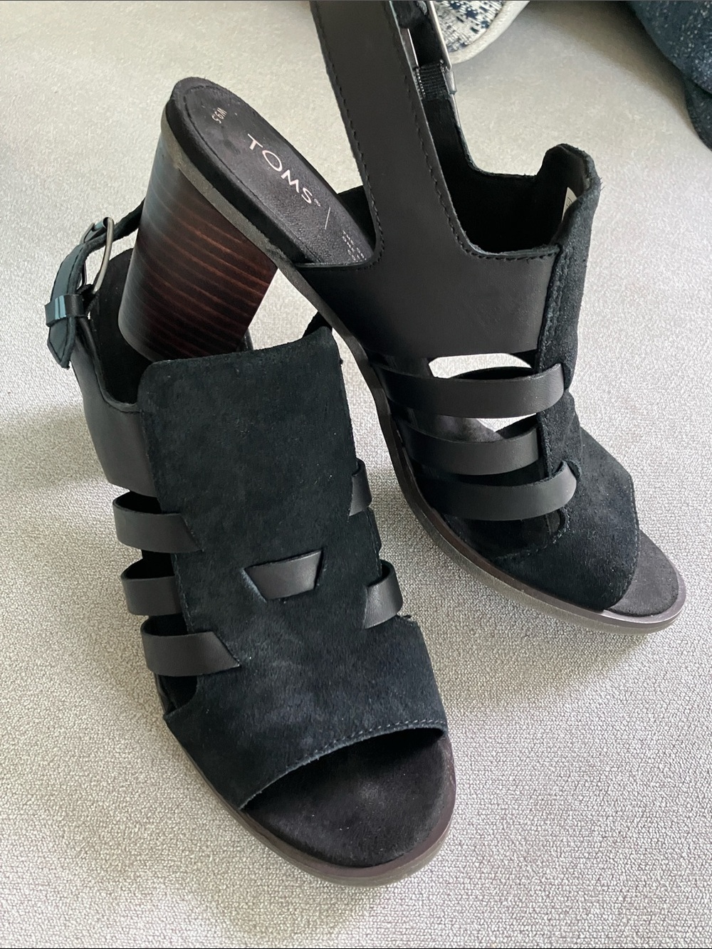 TOMS Black Suede Strappy Block Heel Sandals with Stacked Wood Heel